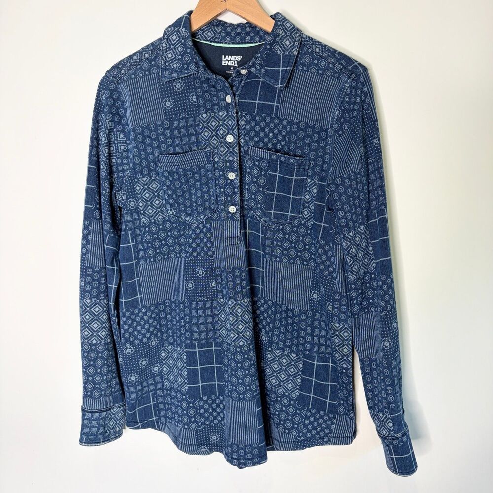 Lands' End Patchwork Plaid Faux Denim 1/2 Button Up Blue Long Sleeve Women M